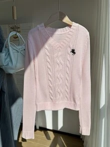 SHEIN 青少年女孩粉黑配色毛衣，刺繡馬 V 領扭繩纜編織上衣，柔軟彈性修身休閒街頭風秋季返校穿搭 - 粉色 - 查看 5