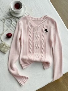 SHEIN 青少年女孩粉黑配色毛衣，刺繡馬 V 領扭繩纜編織上衣，柔軟彈性修身休閒街頭風秋季返校穿搭 - 粉色 - 查看 7