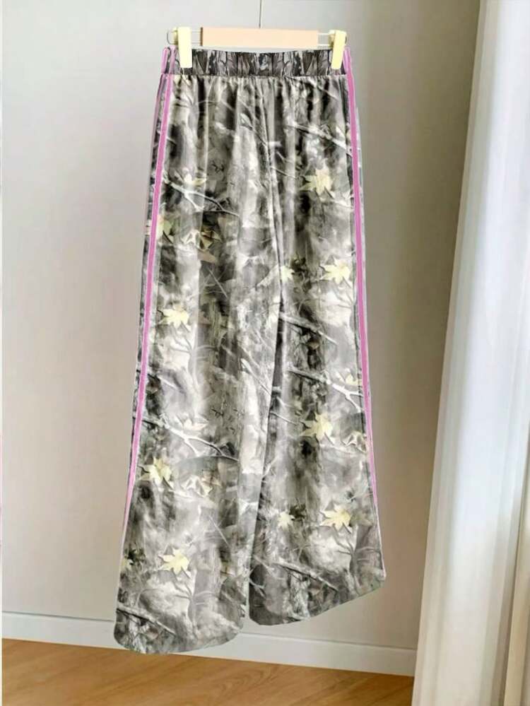 SHEIN Sparklyn Tween Girls Fall Clothes High Waist Athletic Streetwear Y2k Fashion Street Sporty Full Print Contrast Pink And Grey Side Wide Leg Pants Autumn School - Multicolor - View 2