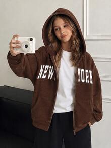 SHEIN Sparklyn 青少年女孩秋季服飾 NEW YORK 字母印花拉鍊連帽衛衣外套，休閒棕色外衣 - 咖啡棕 - 查看 2