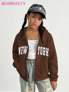SHEIN Sparklyn 青少年女孩秋季服飾 NEW YORK 字母印花拉鍊連帽衛衣外套，休閒棕色外衣 - 咖啡棕 - 查看 5