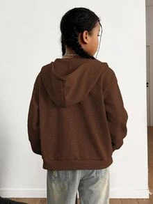 SHEIN Sparklyn 青少年女孩秋季服飾 NEW YORK 字母印花拉鍊連帽衛衣外套，休閒棕色外衣 - 咖啡棕 - 查看 3