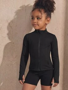 SHEIN Young Girls Black Sports Jacket, Featuring Line Segment Design, High Stretch 4-Way Stretch Fabric, Gymnastics Autumn, Fall Winter 7th Birthday - Black - View 10