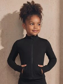 SHEIN Young Girls Black Sports Jacket, Featuring Line Segment Design, High Stretch 4-Way Stretch Fabric, Gymnastics Autumn, Fall Winter 7th Birthday - Black - View 3