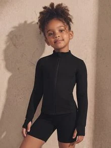 SHEIN Young Girls Black Sports Jacket, Featuring Line Segment Design, High Stretch 4-Way Stretch Fabric, Gymnastics Autumn, Fall Winter 7th Birthday - Black - View 6