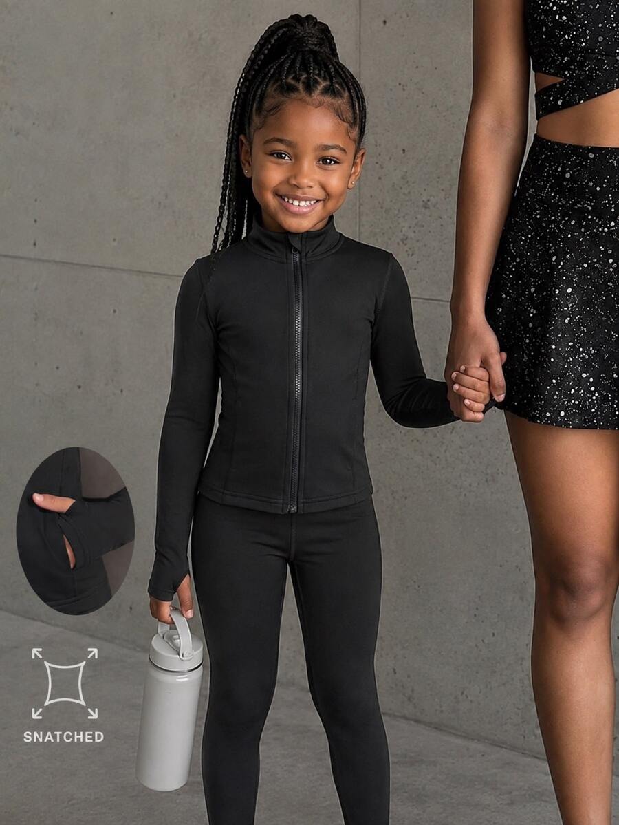 SHEIN Young Girls Black Sports Jacket, Featuring Line Segment Design, High Stretch 4-Way Stretch Fabric, Gymnastics Autumn, Fall Winter 7th Birthday