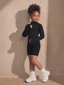 SHEIN Young Girls Black Sports Jacket, Featuring Line Segment Design, High Stretch 4-Way Stretch Fabric, Gymnastics Autumn, Fall Winter 7th Birthday - Black - View 9