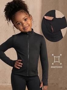 SHEIN Young Girls Black Sports Jacket, Featuring Line Segment Design, High Stretch 4-Way Stretch Fabric, Gymnastics Autumn, Fall Winter 7th Birthday - Black - View 4