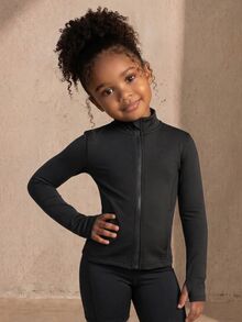SHEIN Young Girls Black Sports Jacket, Featuring Line Segment Design, High Stretch 4-Way Stretch Fabric, Gymnastics Autumn, Fall Winter 7th Birthday - Black - View 11