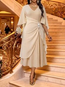 Fleurora 大尺碼秋冬夏季優雅派對正式晚餐婚禮賓客雞尾酒會音樂會秋季米色早午餐優雅 - 杏色 - 查看 8