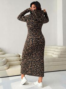 Solflare Plus Size Women's Autumn/Winter Leopard Print Long Sleeve Hooded Fitted Dress - Multicolor - View 3