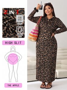Solflare Plus Size Women's Autumn/Winter Leopard Print Long Sleeve Hooded Fitted Dress - Multicolor - View 2