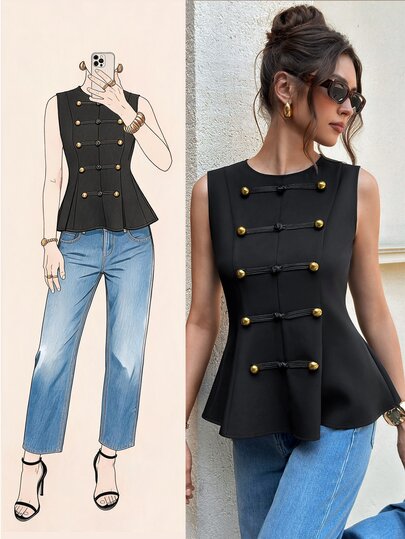Zaforene Women's Black Crew Neck Simple Vintage French Vest Casual Everyday Wear Elegant Vacation Outfits Work Going Out Tops Brunch Gold Summer