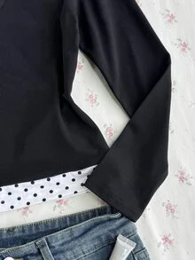 SHEIN 青少年女孩黑白領長袖休閒T恤，日常休閒學院風 - 黑與白 - 查看 6