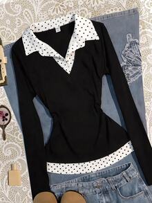 SHEIN 青少年女孩黑白領長袖休閒T恤，日常休閒學院風 - 黑與白 - 查看 8