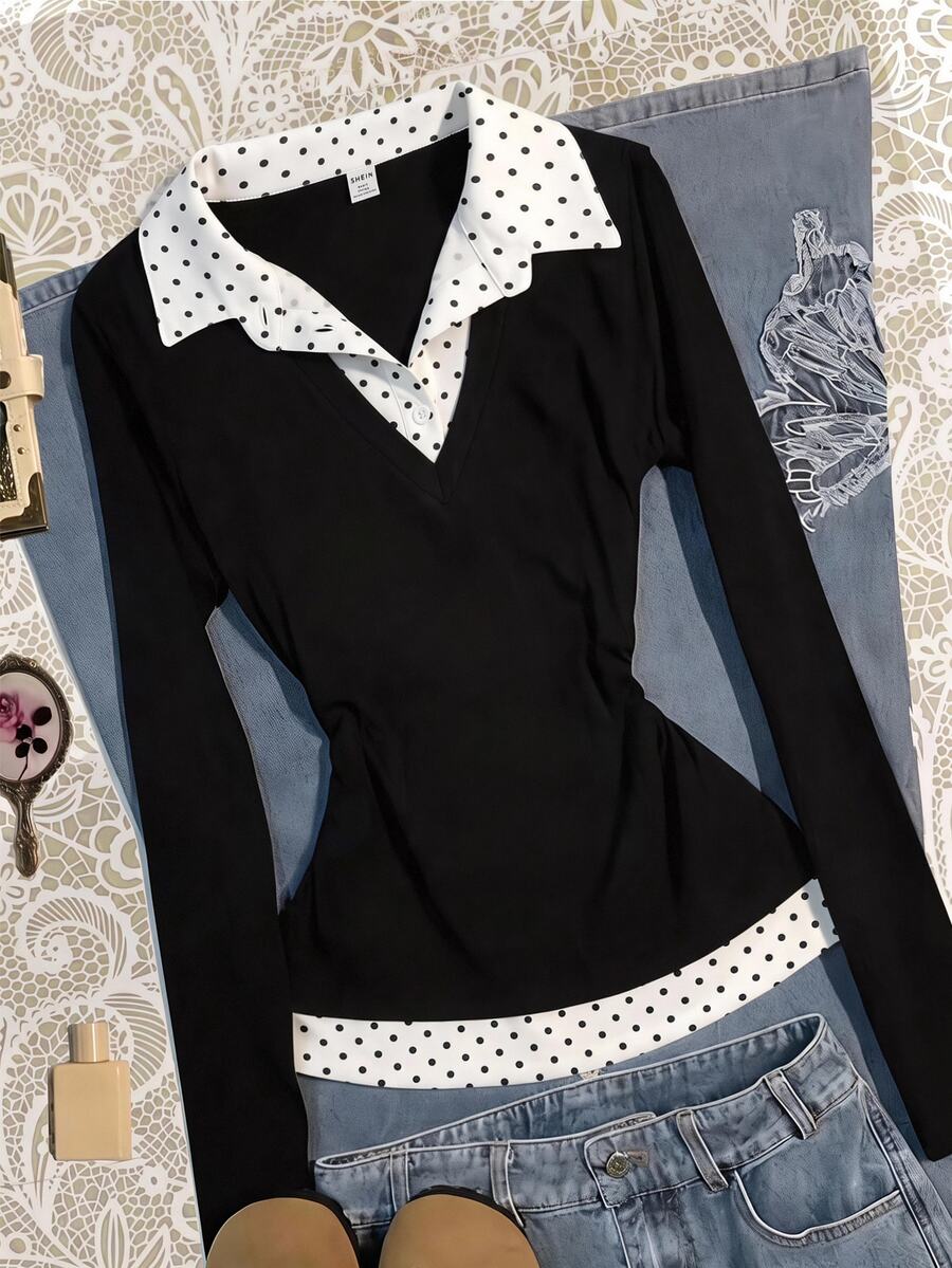 SHEIN Kids Tween Girls Black & White Collared Long Sleeve Casual T-Shirt, Daily Casual College Style - Black and White - View 1