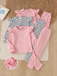 YOUNG Girs 3 Sets Autumn Solid Pink Ribbed Heart Pattern Ruffle Long Sleeve Rib Knit Top Leggings Pants Pack Cute Young Girl Toddler Fall Clothing - Multicolor - View 7