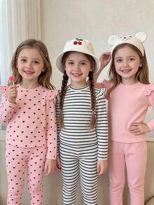 YOUNG Girs 3 Sets Autumn Solid Pink Ribbed Heart Pattern Ruffle Long Sleeve Rib Knit Top Leggings Pants Pack Cute Young Girl Toddler Fall Clothing - Multicolor - View 9
