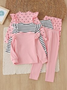 YOUNG Girs 3 Sets Autumn Solid Pink Ribbed Heart Pattern Ruffle Long Sleeve Rib Knit Top Leggings Pants Pack Cute Young Girl Toddler Fall Clothing - Multicolor - View 2
