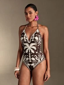 Swim Oasis 南美椰子樹深棕色花卉定位印花高級女款一件式海灘度假裝 夏季熱帶風 - 棕色 - 查看 6