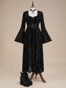 ROMWE Goth Gaun Ukuran Besar Lengan Lonceng Motif Sulur Beludru Gaya Gotik Vintage untuk Halloween - Hitam - View 1