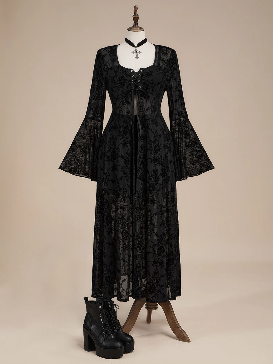 ROMWE Goth Gaun Ukuran Besar Lengan Lonceng Motif Sulur Beludru Gaya Gotik Vintage untuk Halloween - Hitam - View 1