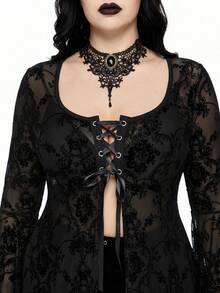 ROMWE Goth Gaun Ukuran Besar Lengan Lonceng Motif Sulur Beludru Gaya Gotik Vintage untuk Halloween - Hitam - View 2