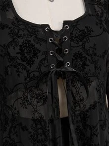 ROMWE Goth Gaun Ukuran Besar Lengan Lonceng Motif Sulur Beludru Gaya Gotik Vintage untuk Halloween - Hitam - View 4