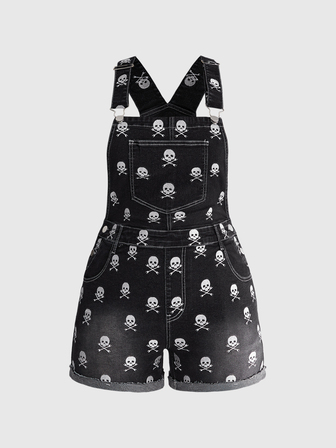 Grunge Punk Combinaison short en jean vintage Y2K avec imprimé crâne, ourlet roulé, grande taille, Halloween