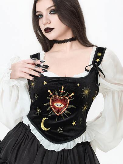 Goth Top de tirantes de terciopelo ajustado para mujer talla grande, cuello cuadrado, estilo palaciego gótico, bordado de estrella y luna, color contrastante negro y dorado, para Halloween y club, primavera