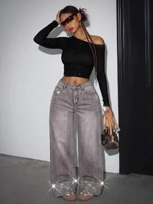 SHEIN ICON Women Y2K Fall Grey Rhinestone Sparkly High Waist Wide Leg Jeans Vintage Washed Party Going Out Loose Denim Pants - Grey - View 6
