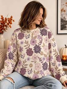 SHEIN LUNE كنزة سويت شيرت بياقة طاقم وأكمام طويلة أساسية بنقشة زهور صغيرة بيج كاجوال رومانسية مناسبة للبرانش - أبيض - مشاهدة 6