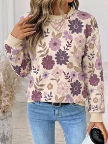 SHEIN LUNE كنزة سويت شيرت بياقة طاقم وأكمام طويلة أساسية بنقشة زهور صغيرة بيج كاجوال رومانسية مناسبة للبرانش - أبيض - مشاهدة 4