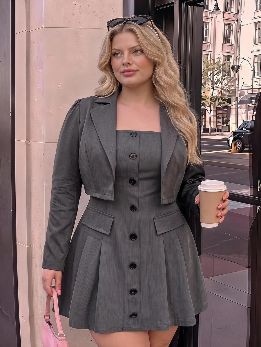 SHEIN MOD طقم بليزر قصير بياقة عريضة & فستان أنبوبي مطوي بطيات، طقم من قطعتين، أطقم متطابقة للخريف/الشتاء، رمادي داكن - رمادي غامق - مشاهدة 1