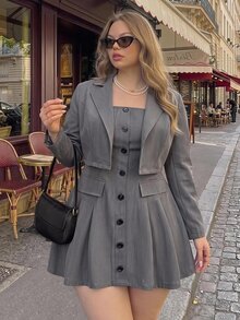 SHEIN MOD طقم بليزر قصير بياقة عريضة & فستان أنبوبي مطوي بطيات، طقم من قطعتين، أطقم متطابقة للخريف/الشتاء، رمادي داكن - رمادي غامق - مشاهدة 11