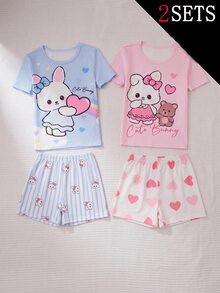 (5 Sets Randomly Send 2 Sets) Snug Fit Pajamas Printed With Sweet Cute Cartoon Patterns Including Cherry, Rabbit, Heart, Donut And Other Fun Designs, Main Colors Are Pink, Blue, Light Purple, Fabric Made Of Lightweight Smooth Polyester Material, Soft And Skin-Friendly Touch, Not Rough, Short Sleeve And Shorts Snug Fit Style - Multicolor - View 1