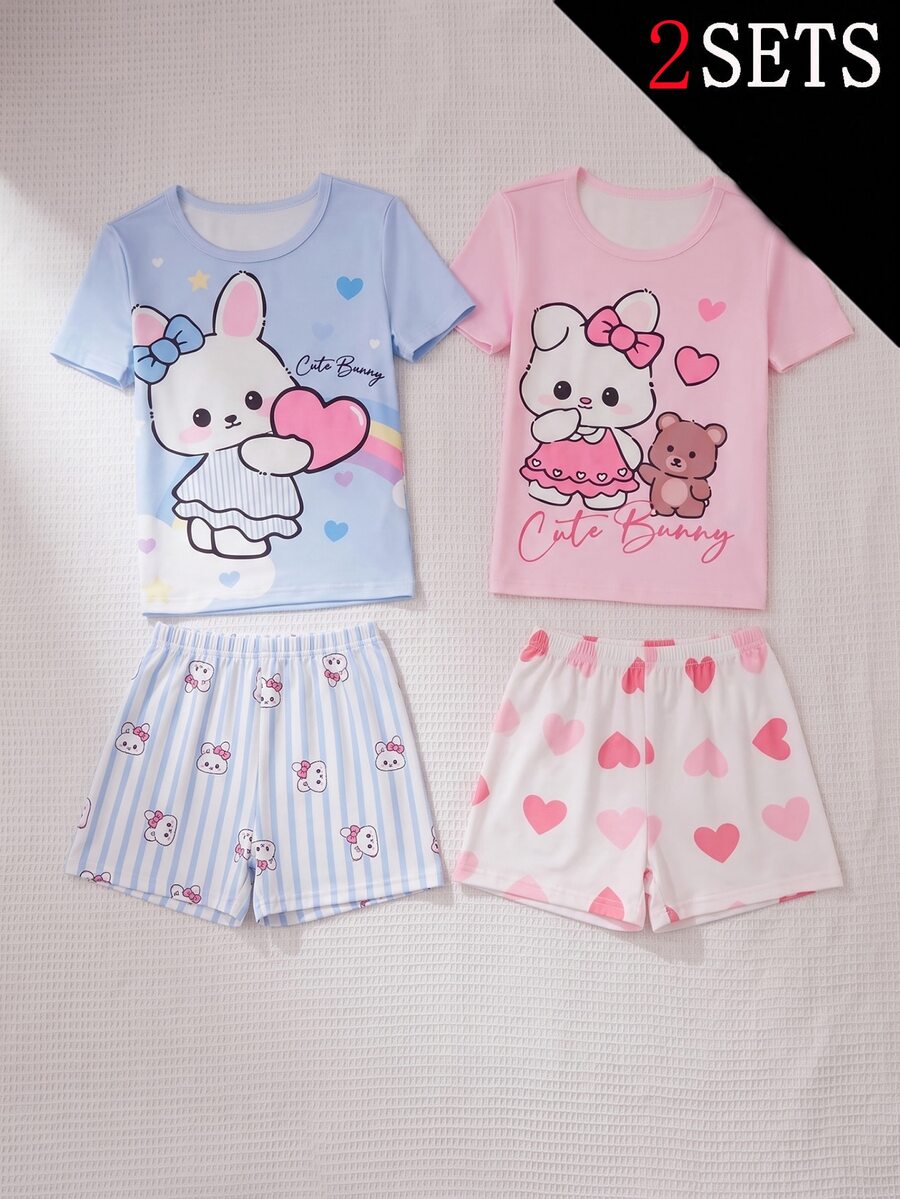 (5 Sets Randomly Send 2 Sets) Snug Fit Pajamas Printed With Sweet Cute Cartoon Patterns Including Cherry, Rabbit, Heart, Donut And Other Fun Designs, Main Colors Are Pink, Blue, Light Purple, Fabric Made Of Lightweight Smooth Polyester Material, Soft And Skin-Friendly Touch, Not Rough, Short Sleeve And Shorts Snug Fit Style - Multicolor - View 1