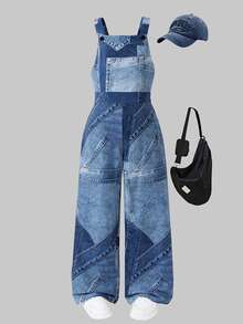 SHEIN Girls' Streetwear Loose Fit Overalls Long Pants, Niche Design Black Dungarees For Girls, Suitable For Daily Wear, Gatherings And School, Spring/Summer - Blue - View 3
