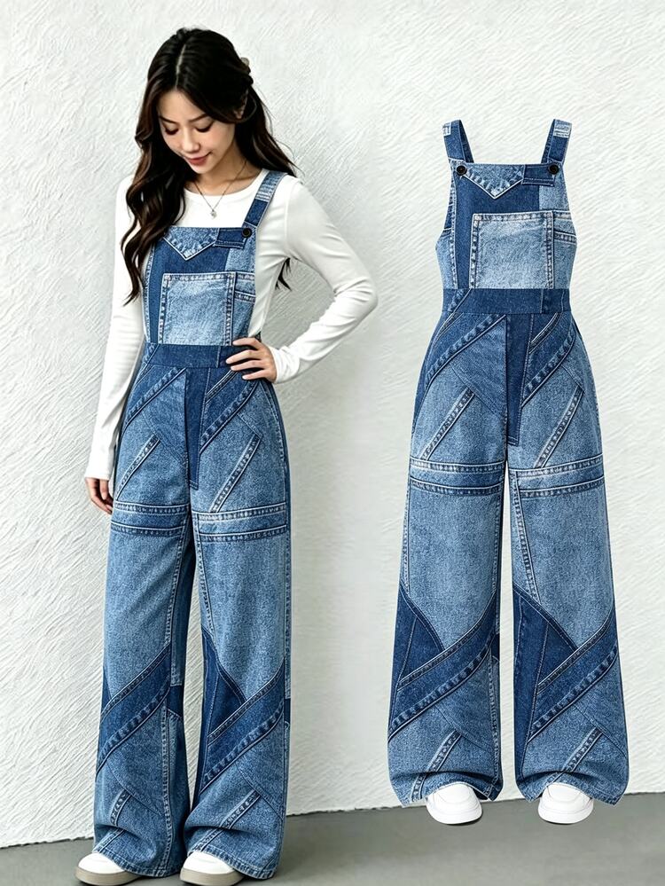 SHEIN Girls' Streetwear Loose Fit Overalls Long Pants, Niche Design Black Dungarees For Girls, Suitable For Daily Wear, Gatherings And School, Spring/Summer - Blue - View 1