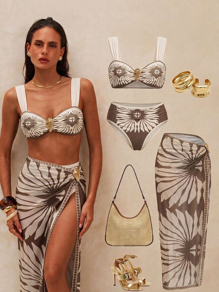 SHEIN Swim 2026ss Brown Premium 3 Pieces Women's Swimsuit Set For Vacation, Casual Tropical European Jamaican Beach Vacation And Seaside Summer - Multicolor - View 1