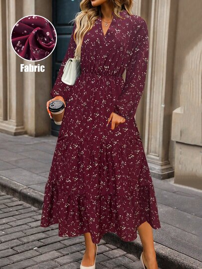 EMERY ROSE V-Neck Floral Print Casual Boho Versatile Long Sleeve Dress Maxi Women Outfit Holiday Vacation Dark Burgundy Autumn