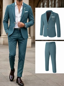 Manfinity Mode Men's Dark Green Fashion Notch Lapel Chain Decor Business Slim Fit 2 Pieces Suit Set - Dark Green - View 1