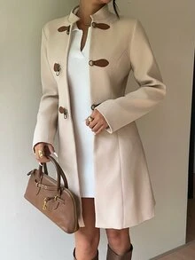 SHEIN Women's Autumn/Winter Stand Collar Wool Blend Waist-Cinching Mid-Length Coat, Suitable For Daily Commute And Outdoor Wear - Apricot - View 4