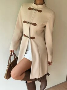 SHEIN Women's Autumn/Winter Stand Collar Wool Blend Waist-Cinching Mid-Length Coat, Suitable For Daily Commute And Outdoor Wear - Apricot - View 6