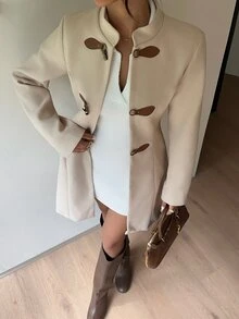 SHEIN Women's Autumn/Winter Stand Collar Wool Blend Waist-Cinching Mid-Length Coat, Suitable For Daily Commute And Outdoor Wear - Apricot - View 5