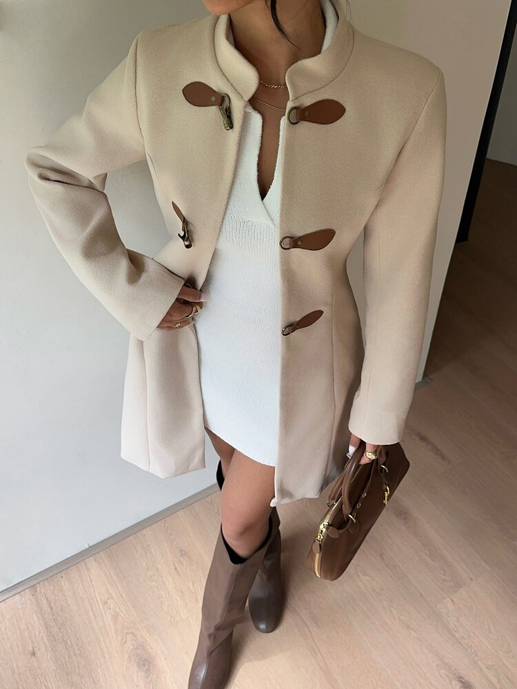 SHEIN 女款秋冬立領羊毛混紡收腰中長款大衣，適合日常通勤與戶外穿著 - 杏色 - 查看 4