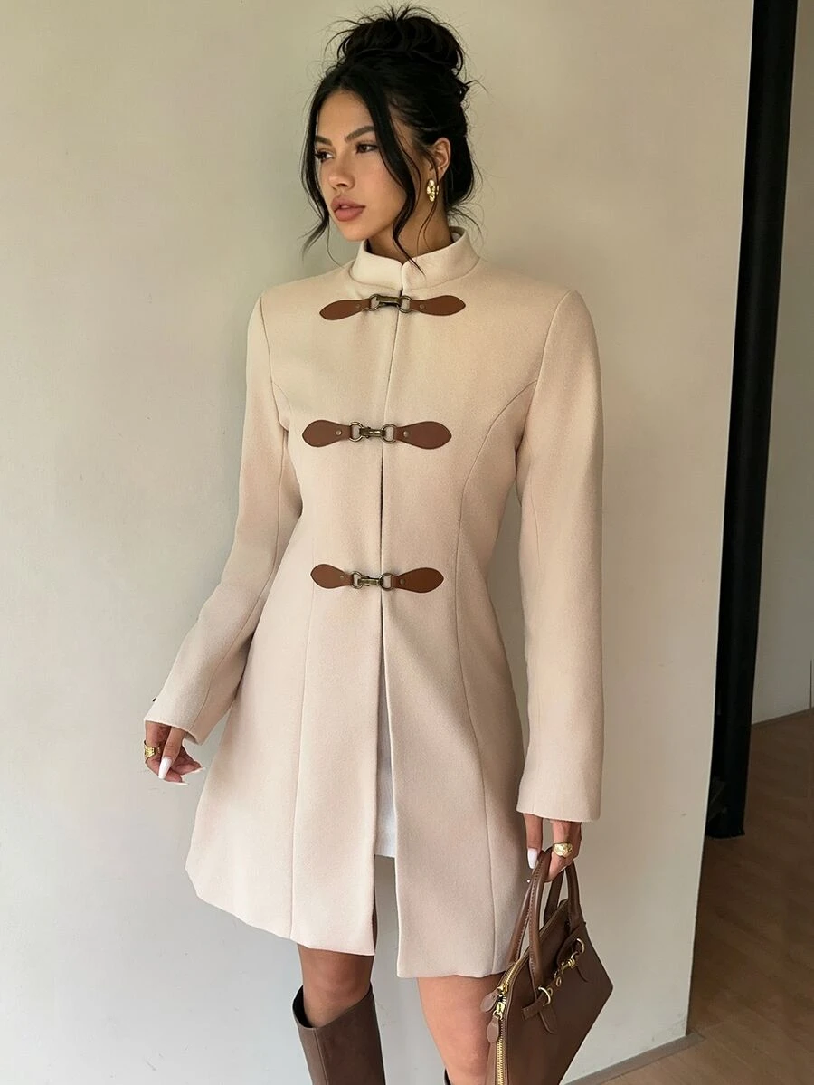 SHEIN Women's Autumn/Winter Stand Collar Wool Blend Waist-Cinching Mid-Length Coat, Suitable For Daily Commute And Outdoor Wear