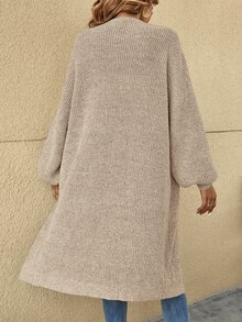 SHEIN X Lucía Bellido Easowa 落肩羅紋針織長版開襟外套，長袖上衣，秋季辦公室日常休閒杏色 - 米色 - 查看 6