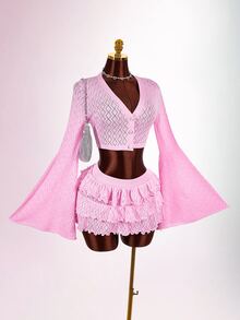 Amplova Women's Pink Bell Sleeve Single-Breasted Cropped Knit Cardigan - Pink - View 6