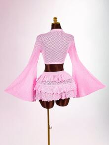 Amplova Women's Pink Bell Sleeve Single-Breasted Cropped Knit Cardigan - Pink - View 2